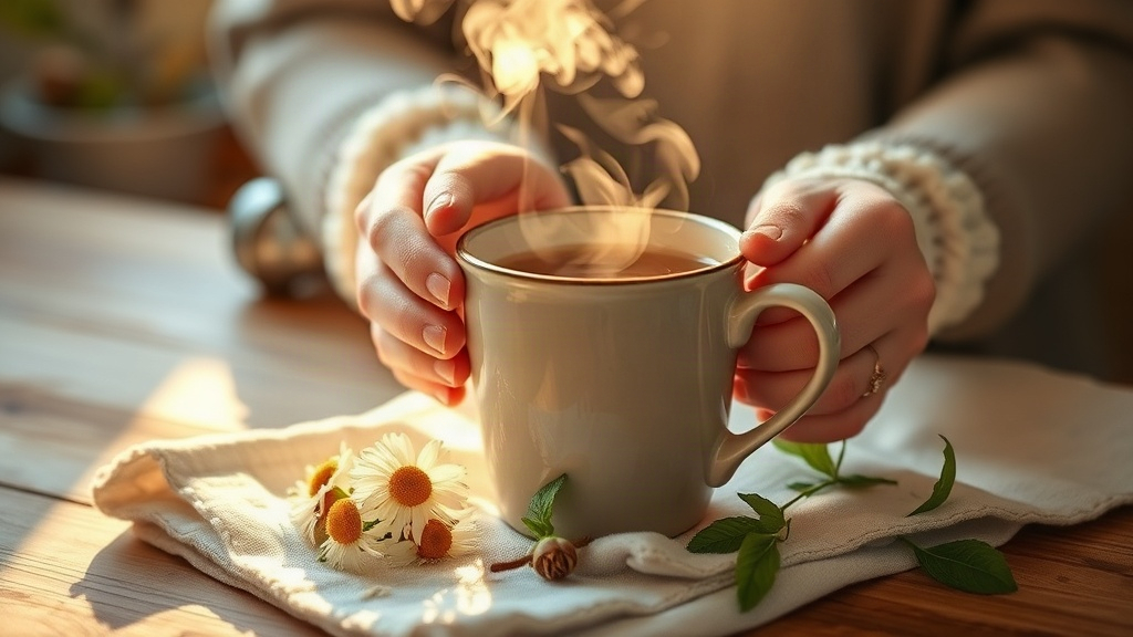 Mains tenant une tasse de tisane chaude à la camomille, infusion nature sans calorie