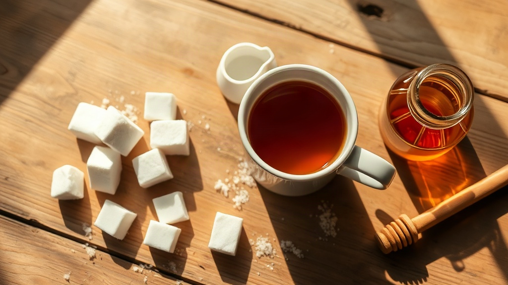 Tasse de thé avec sucre, lait et miel sur table en bois, les ajouts qui font grimper les calories