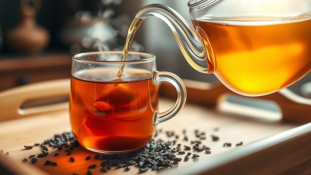 Tasse de thé noir nature infusé dans une théière en verre, sans sucre ni lait, quasi sans calories