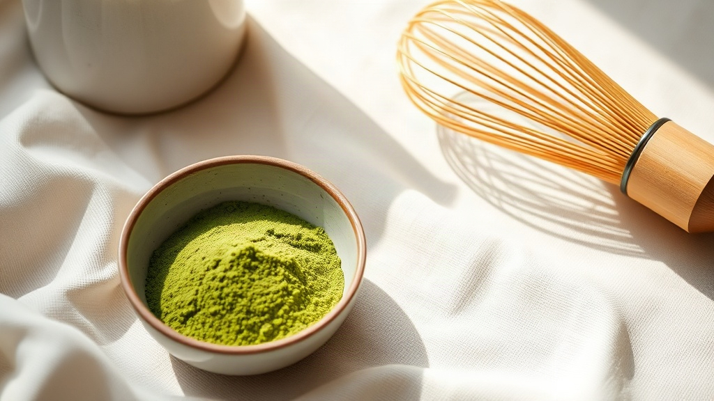 Poudre de matcha vert vif dans un bol en céramique avec un fouet en bambou