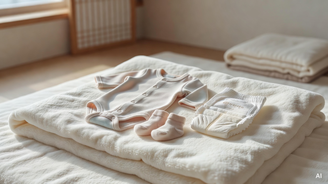 newborn baby clothes and diaper on a soft white blanket