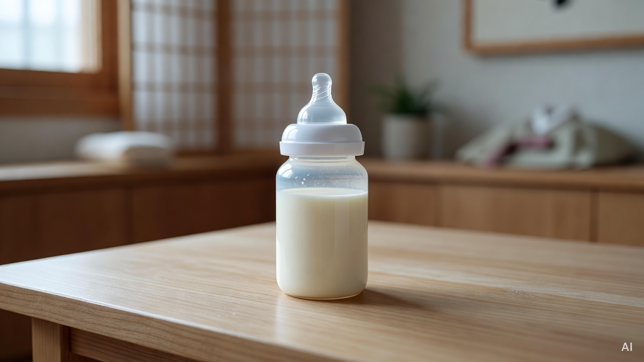 baby bottle with breast milk on a light-colored wooden table, soft natural background
