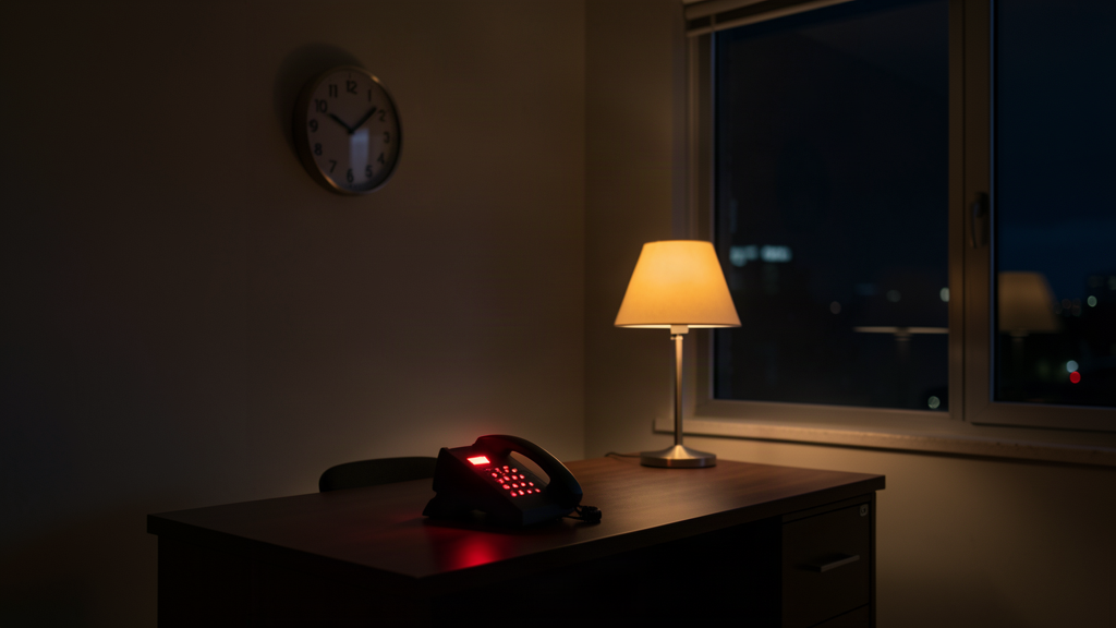 A small business office at night, dark and empty, with an office desk phone ringing with a glowing red light on a wooden desk and a wall clock showing a late evening hour, conveying the reality of after-hours business calls, no text