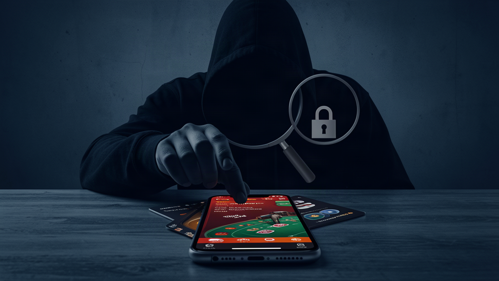 Gioco online e riciclaggio: telefono con app di scommesse e lente di ingrandimento con lucchetto