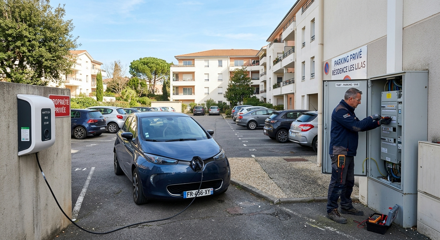 Borne de recharge électrique IRVE installée en copropriété avec un véhicule branché et un installateur près du tableau électrique.