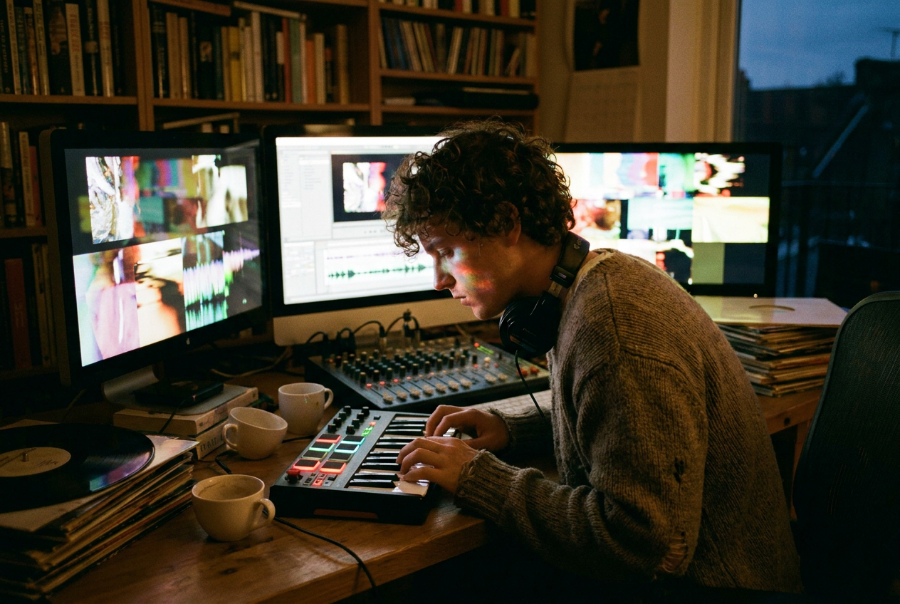 alt text: A musician reviewing AI-generated music video scenes on multiple monitors in a home studio