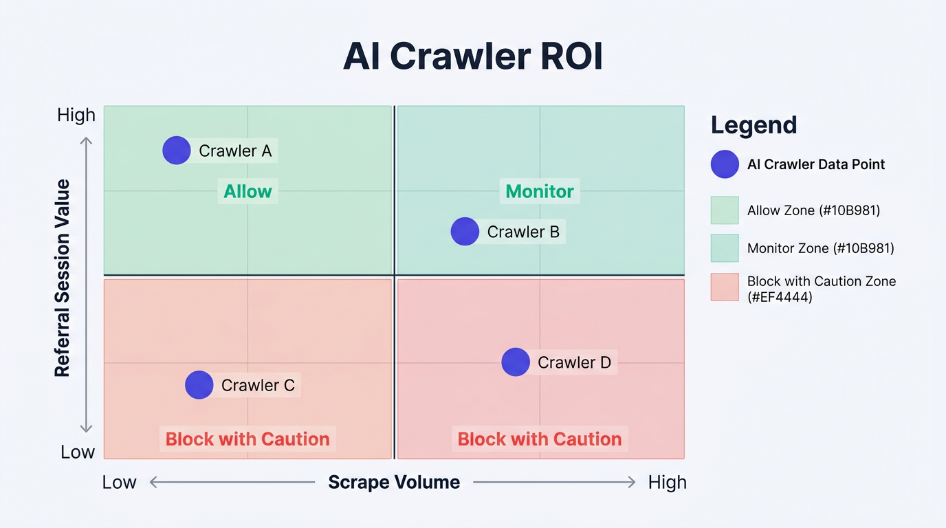Scatter chart plotting AI crawlers by scrape volume versus referral session value
