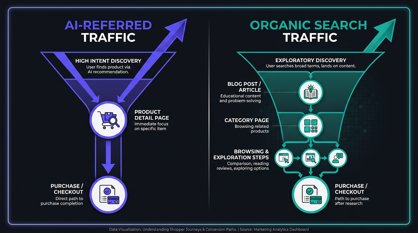 AI vs organic search traffic funnel comparison showing different shopper journeys for ecommerce stores
