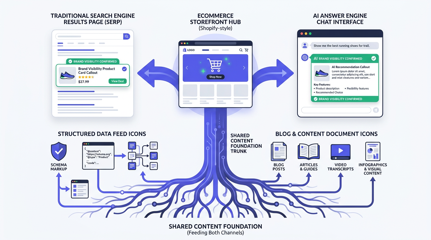 Architecture diagram showing ecommerce content feeding organic search and AI answer engines simultaneously