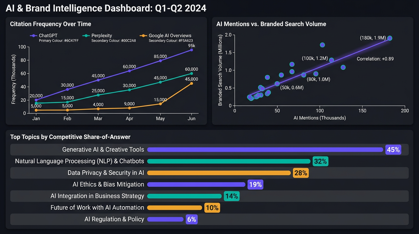 AI visibility dashboard showing citation frequency, branded search correlation, and share-of-answer metrics