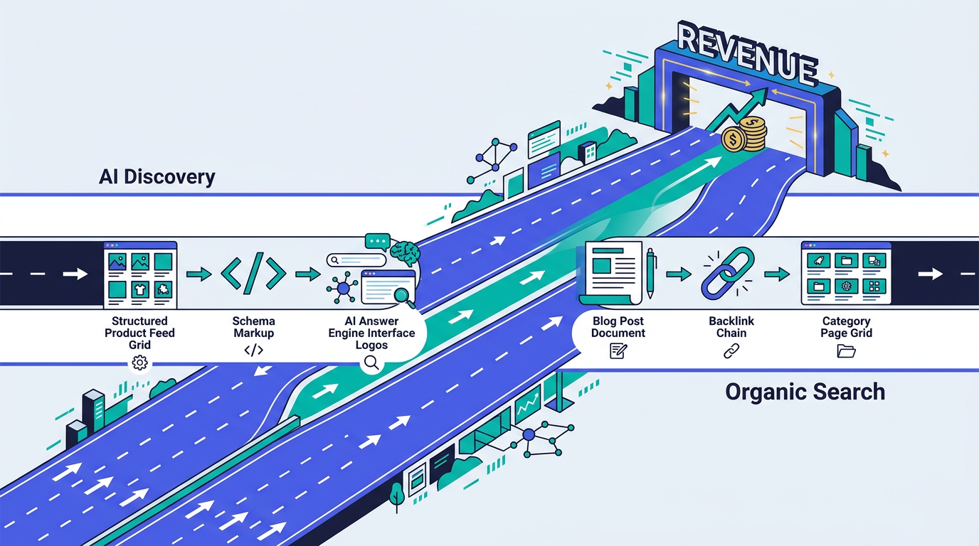 Illustration of AI discovery and organic search lanes merging toward ecommerce revenue