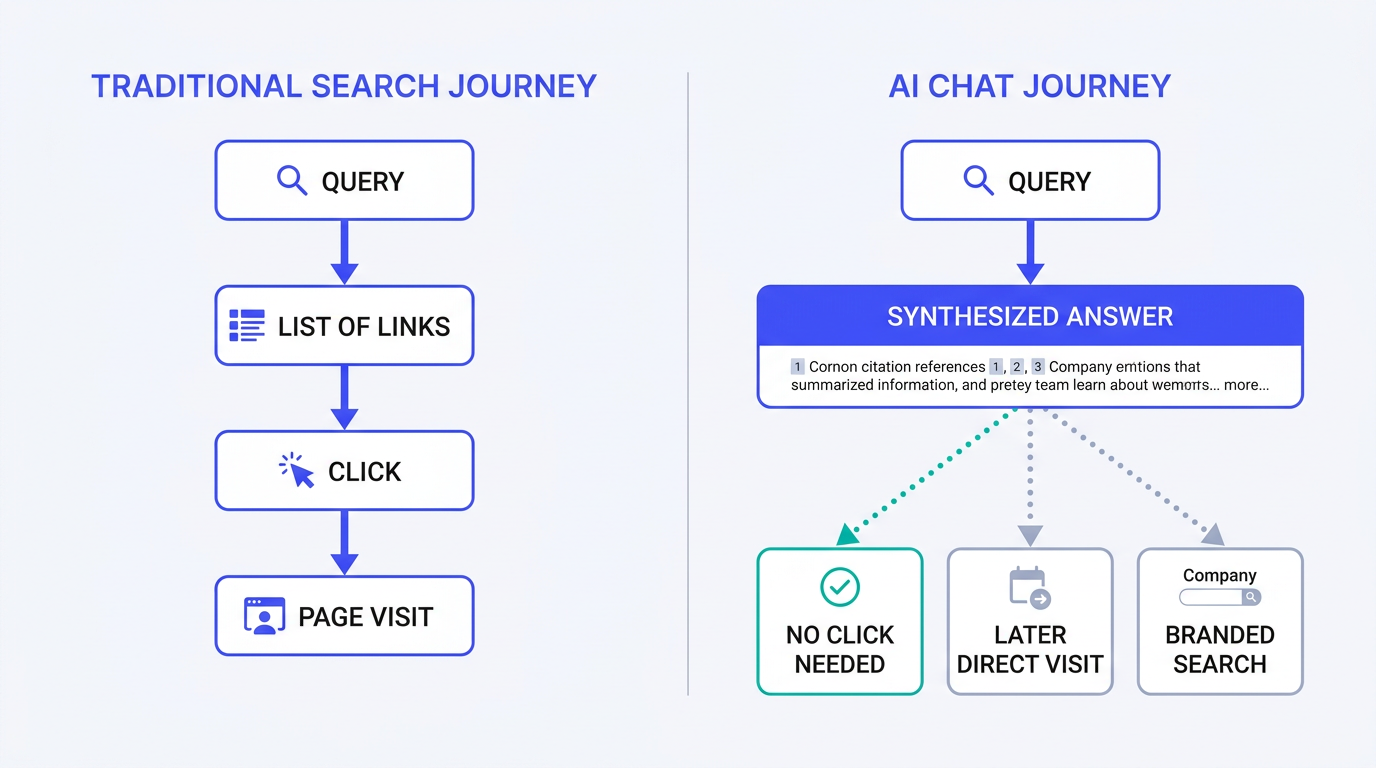 Diagram comparing traditional search click-through journey versus AI chat answer fulfillment journey for publishers