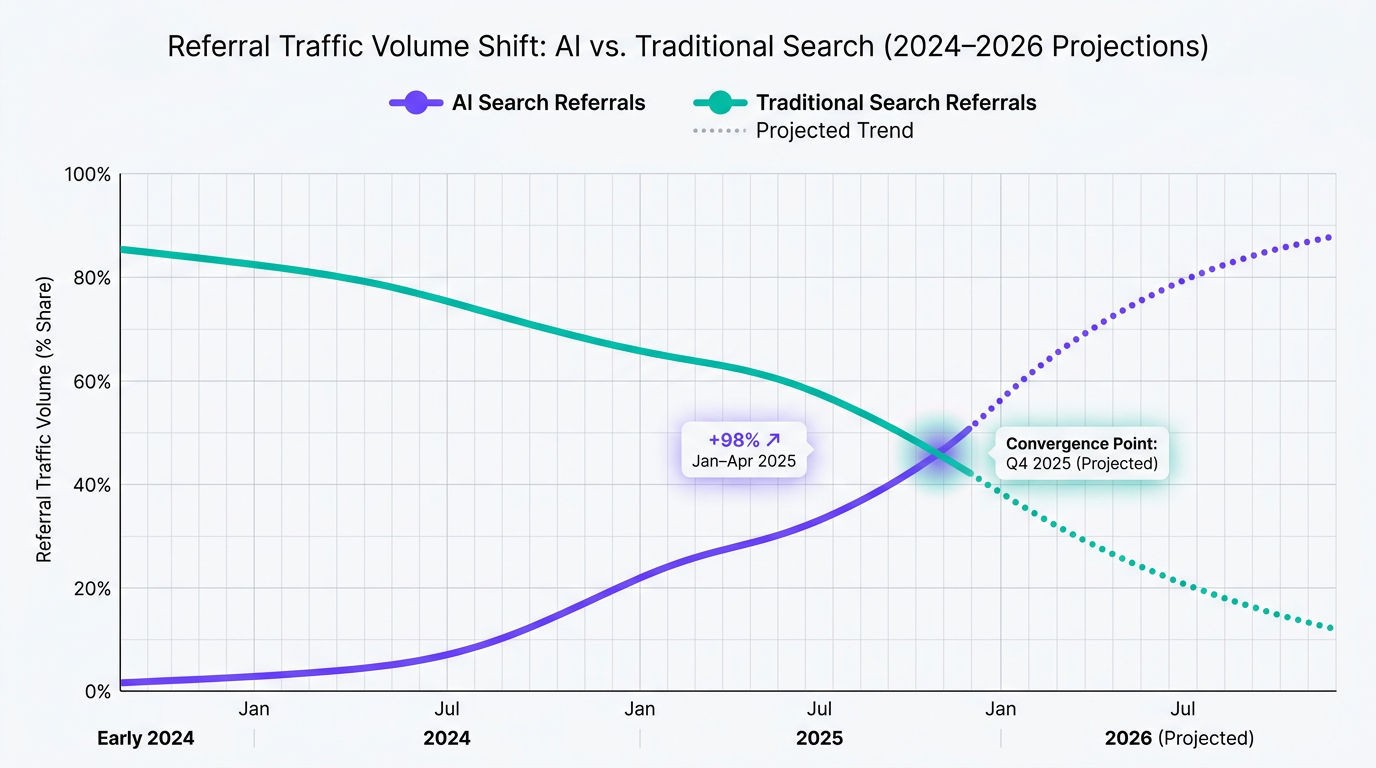 Line chart showing AI search publisher traffic rising steeply while traditional search referrals decline