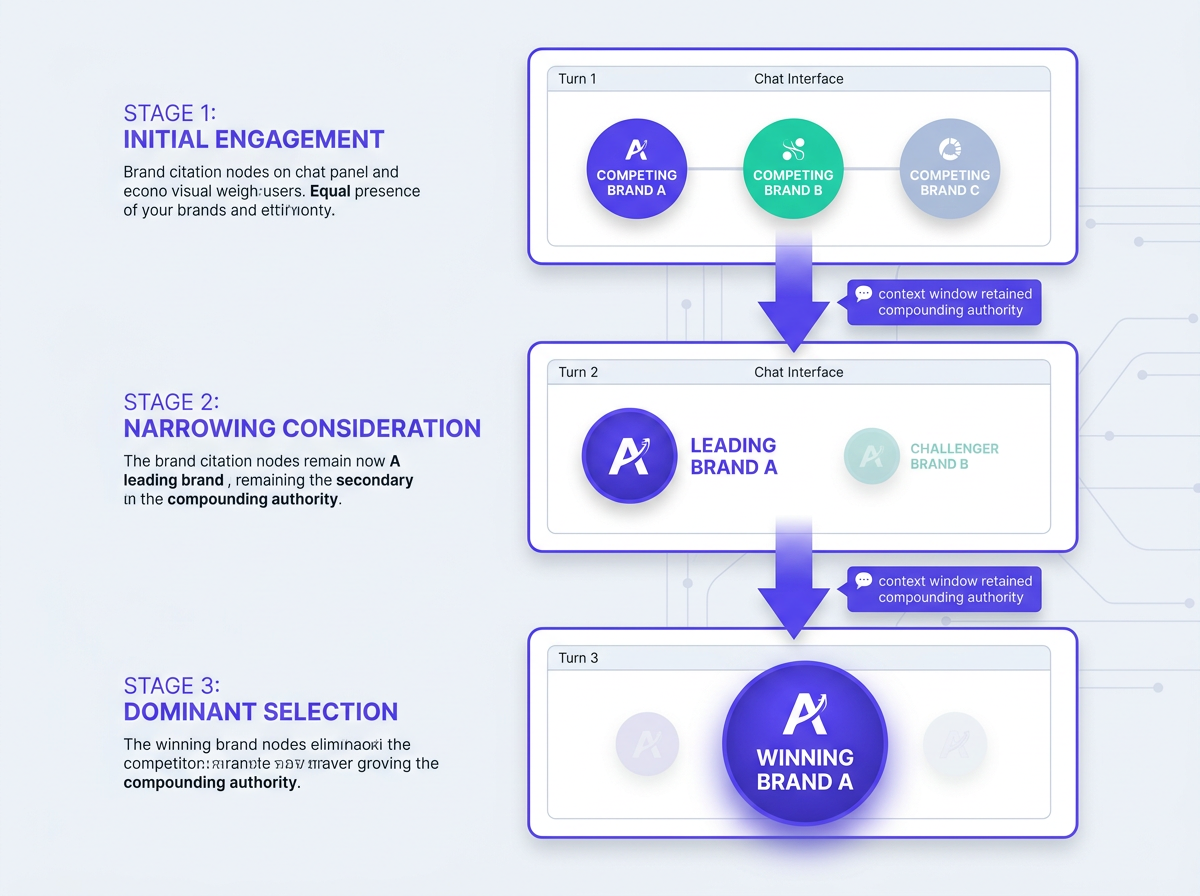 Flowchart showing AI conversation turns compounding brand citation advantage across turns