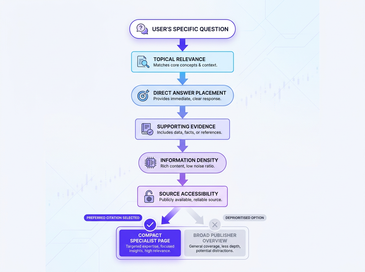 Flowchart showing ChatGPT citation selection factors for smaller sites