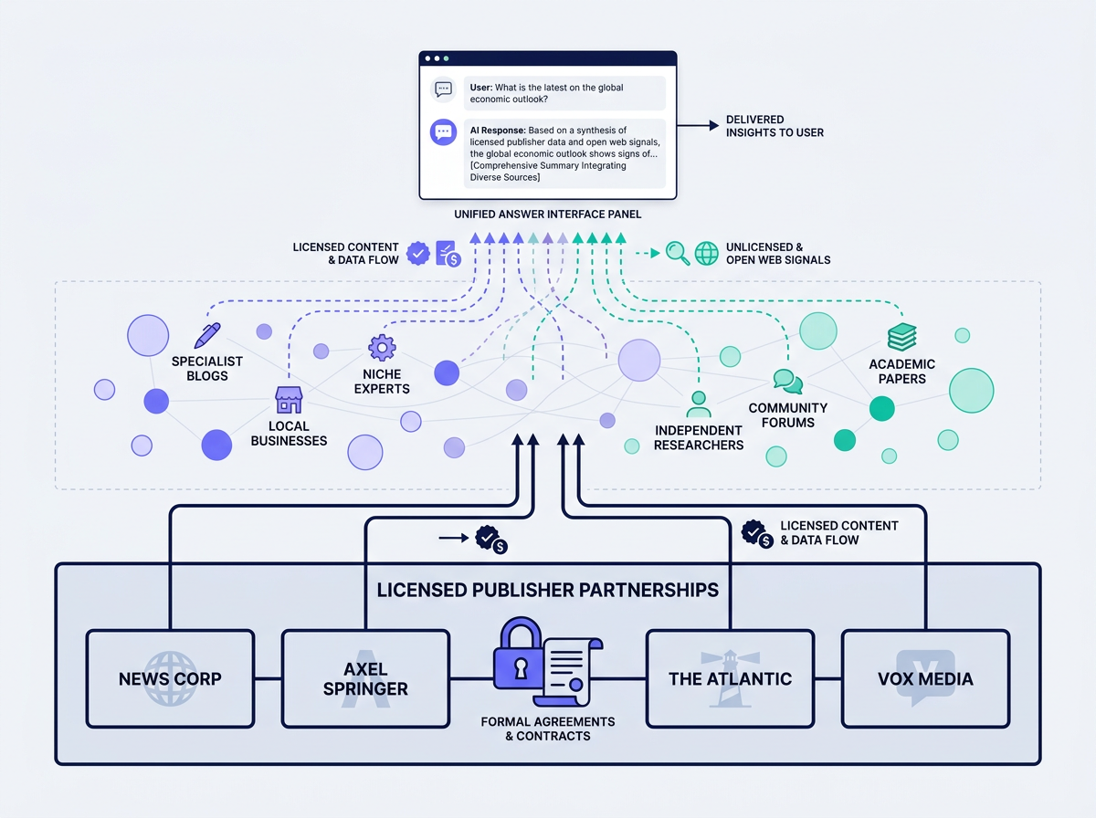 Architecture diagram showing ChatGPT citation access for licensed publishers and smaller sites