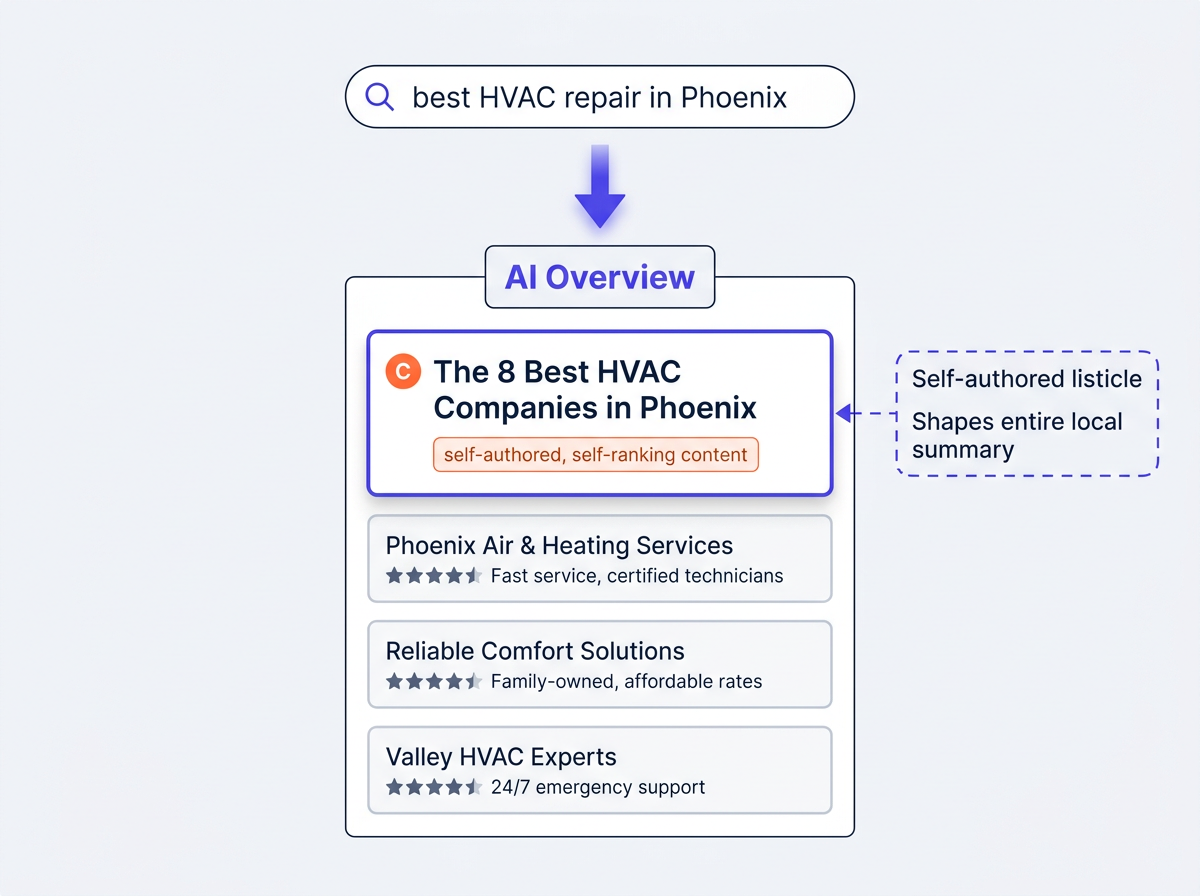 Flowchart diagram showing AI Overviews local search listicles citing biased self-promotional content
