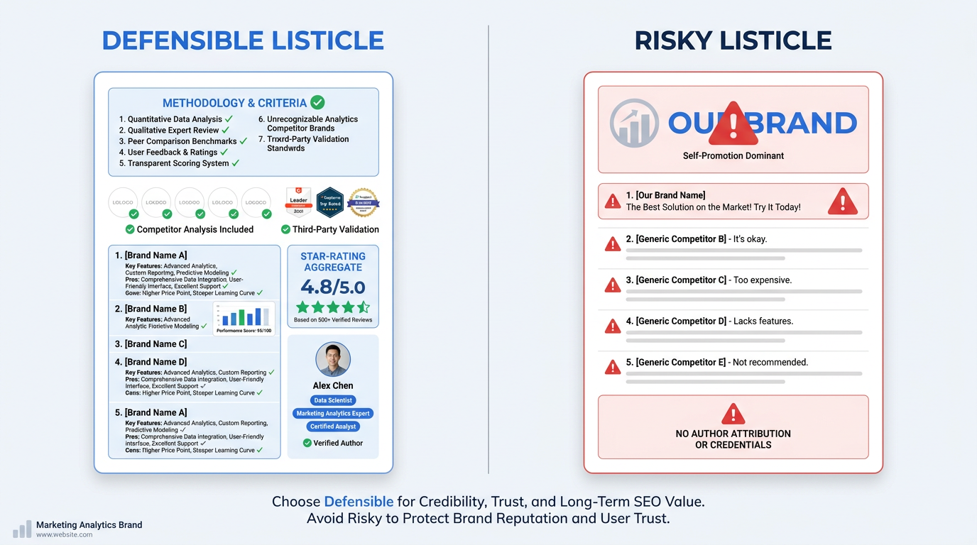 Side-by-side infographic comparing defensible versus risky self-promotional listicles for AI Overviews