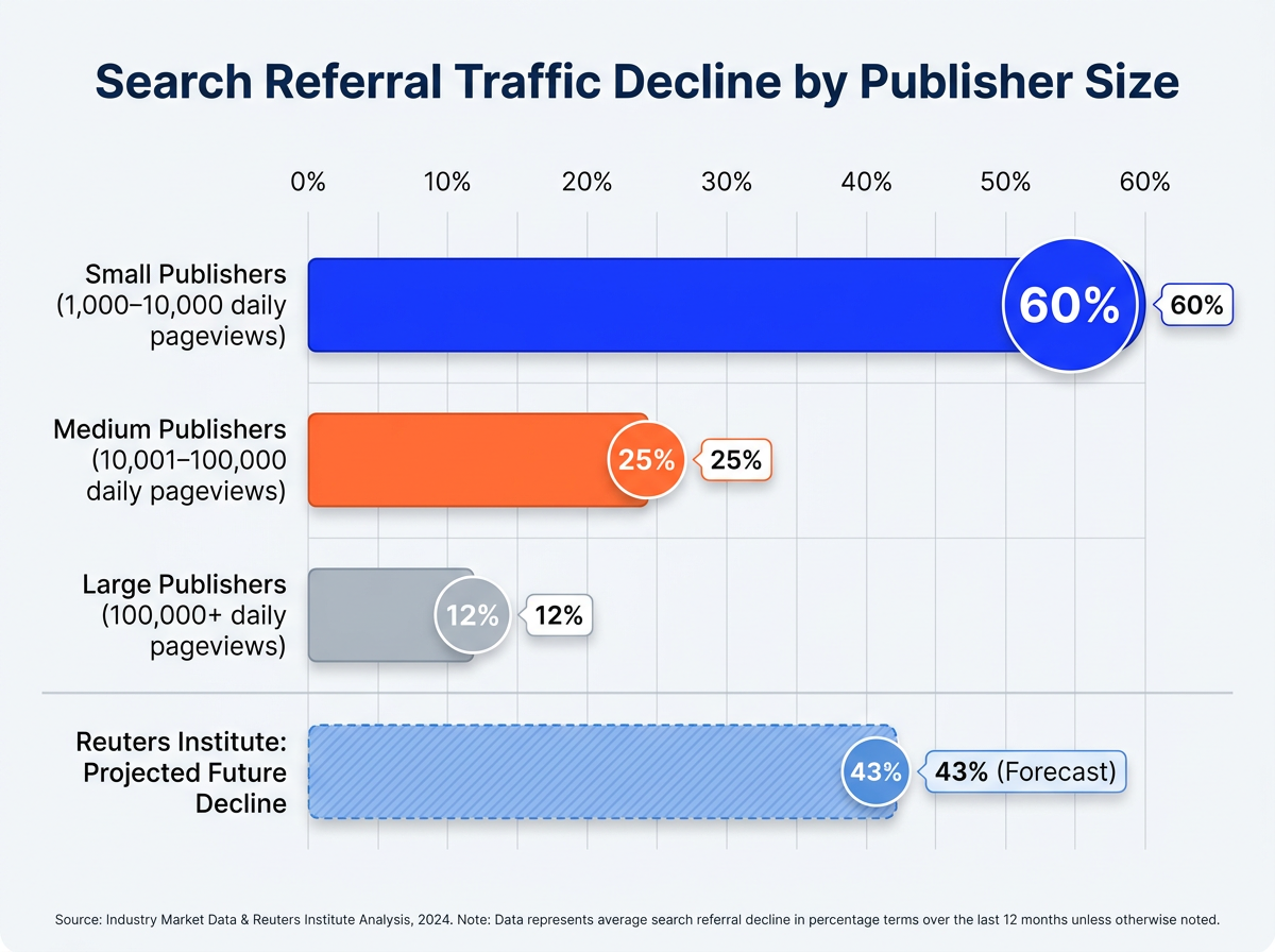 Bar chart showing AI search publisher traffic decline by publisher size with 60% drop for small publishers