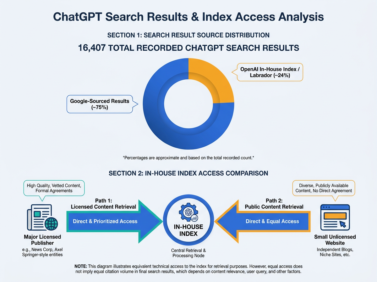 Infographic showing ChatGPT search source split and equal index access for licensed and unlicensed sites