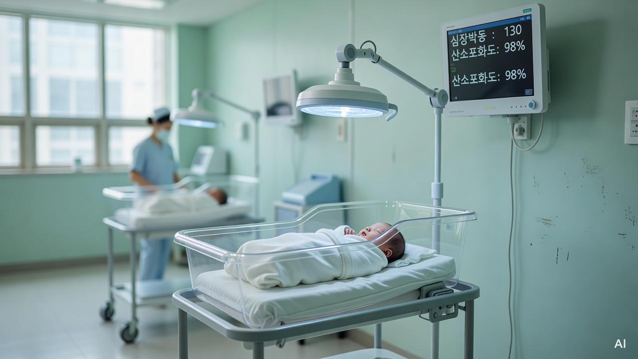 hospital phototherapy lamp glowing blue-white light over a small baby crib in a neonatal ward