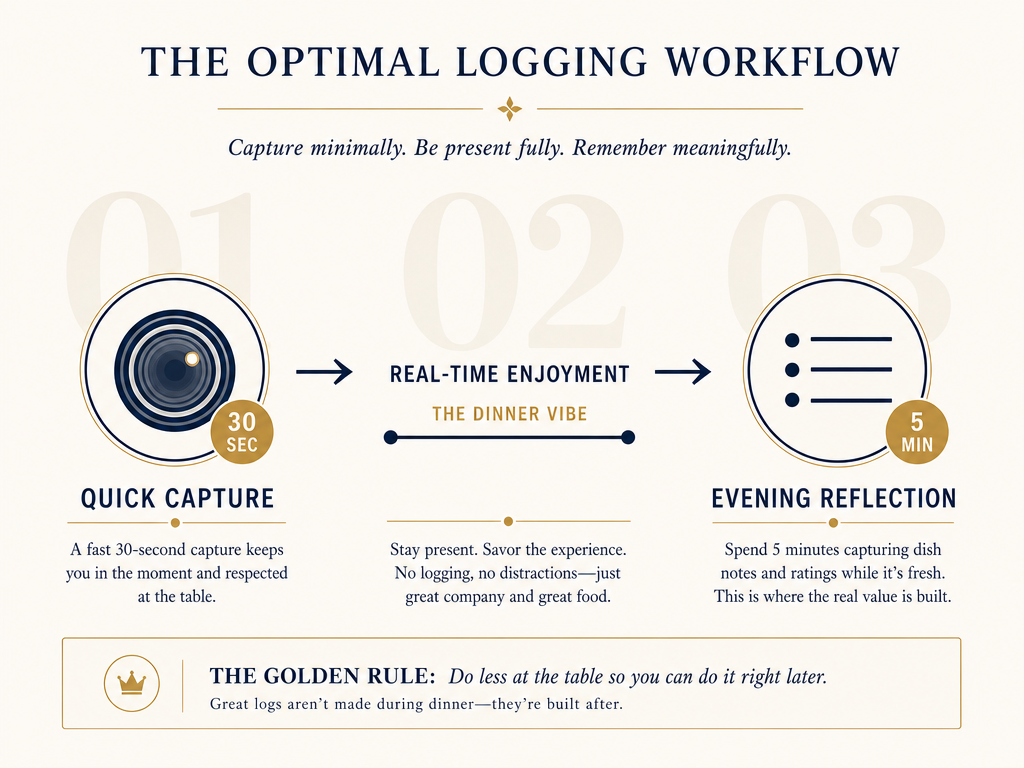 A three-step workflow diagram for food tracking: Quick Capture at the table, Real-Time Enjoyment, and Evening Reflection for detailed notes.