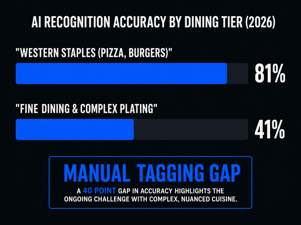 Horizontal bar chart showing AI accuracy at 81 percent for common Western dishes versus only 41 percent for complex fine dining plates.