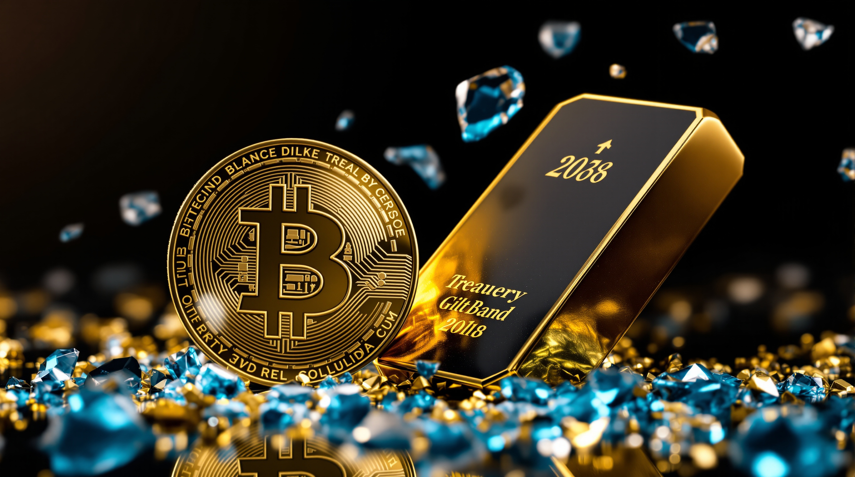 faceted gold cryptocurrency token (no logos) and a slender black gilt Treasury bond bar resting on a tilted reflective plinth; scattered silver-blue g — editorial cover artwork for the Knightron story on Markets Rally On Treasury Buyback Shift; Bitcoin Short Squee