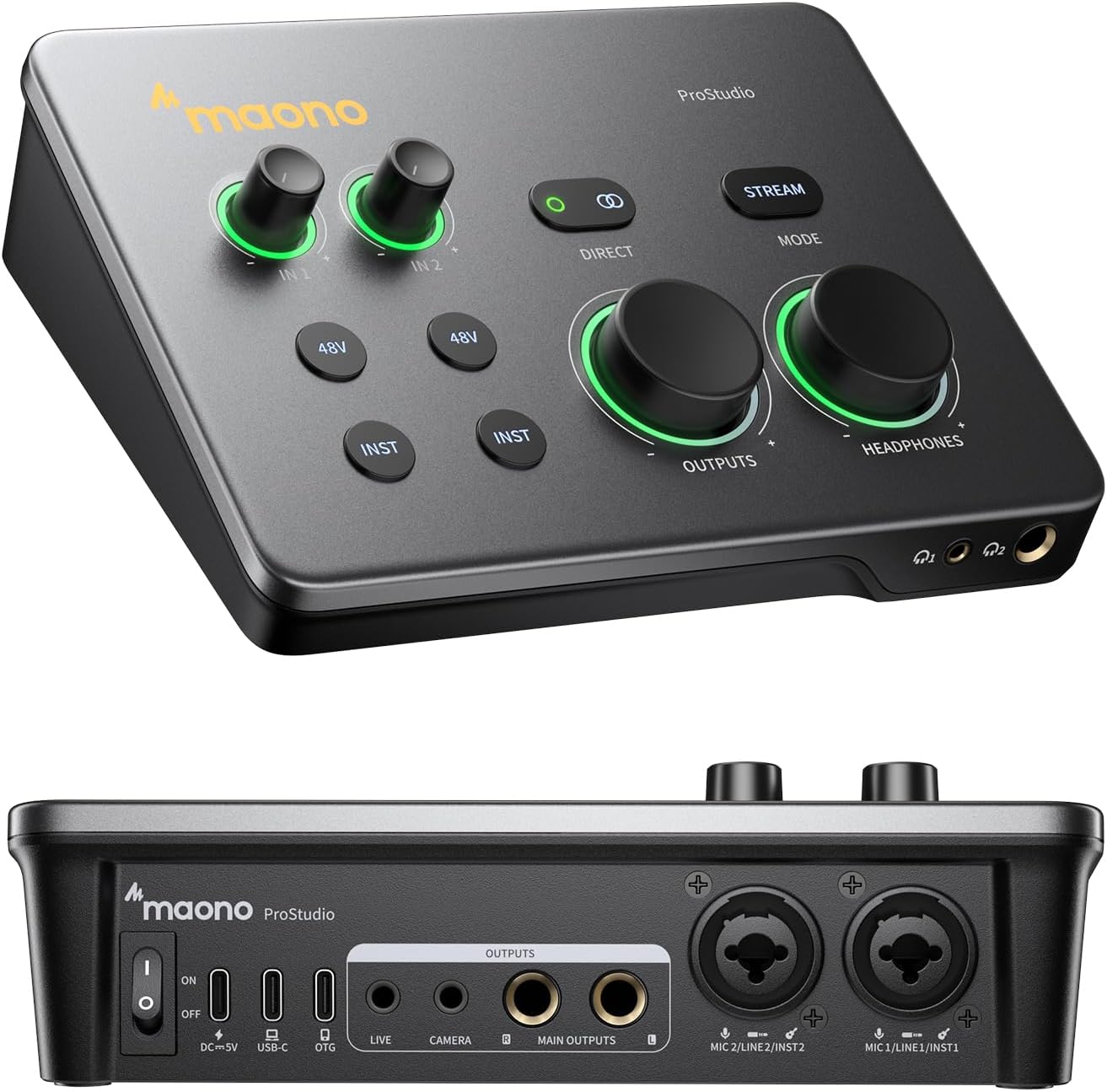 Macro detail of MAONO P2 hybrid interface showing XLR connectors and control knobs in sharp focus