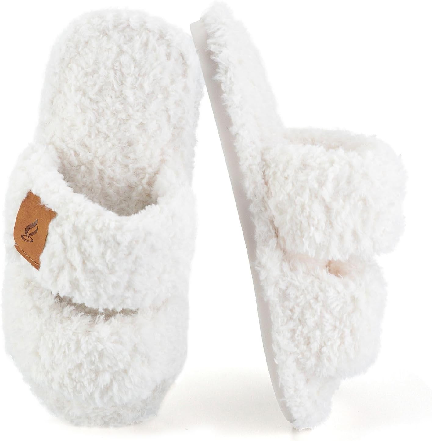Macro close-up of fuzzy open-toe slipper showing soft faux fur texture and open toe detail with shallow depth of field