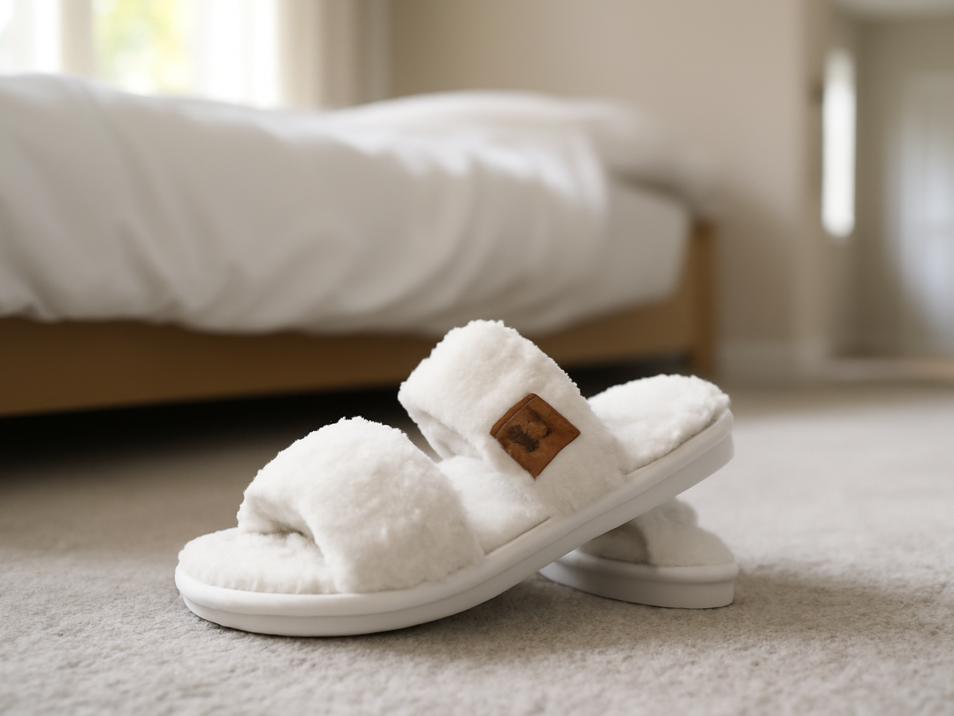 Fuzzy slippers placed on bedroom floor next to bed in a bright, sunlit bedroom setting with home furnishings visible