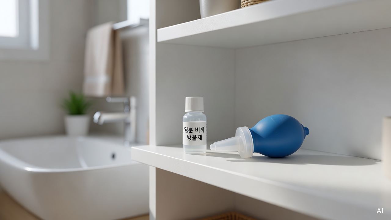 saline nasal drops bottle and a bulb nasal aspirator placed on a white bathroom shelf