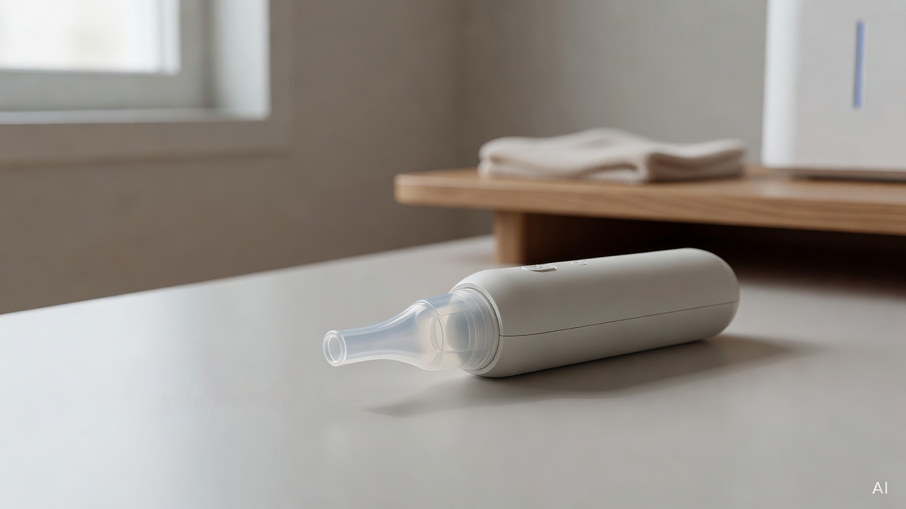 close-up of an electric nasal aspirator tip and device body on a light gray surface