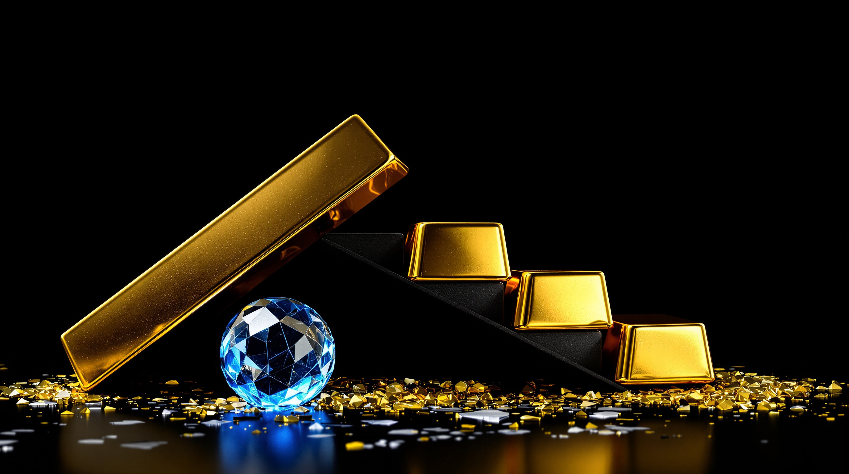 stacked polished gold bars seated on an angled matte steel industrial beam with a small fractured translucent blue-silver orb set slightly behind and — editorial cover artwork for the Knightron story on Equities Edge Higher As Precious Metals Surge; Crypto Retrea