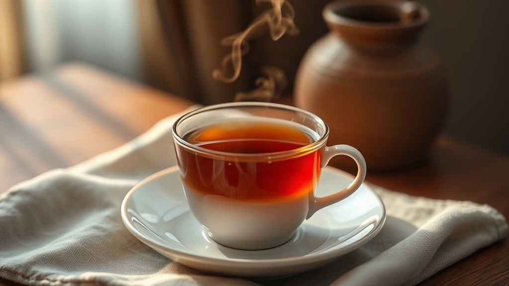 Tasse de thé hojicha ambrée fumante posée sur une soucoupe blanche avec tissu en lin
