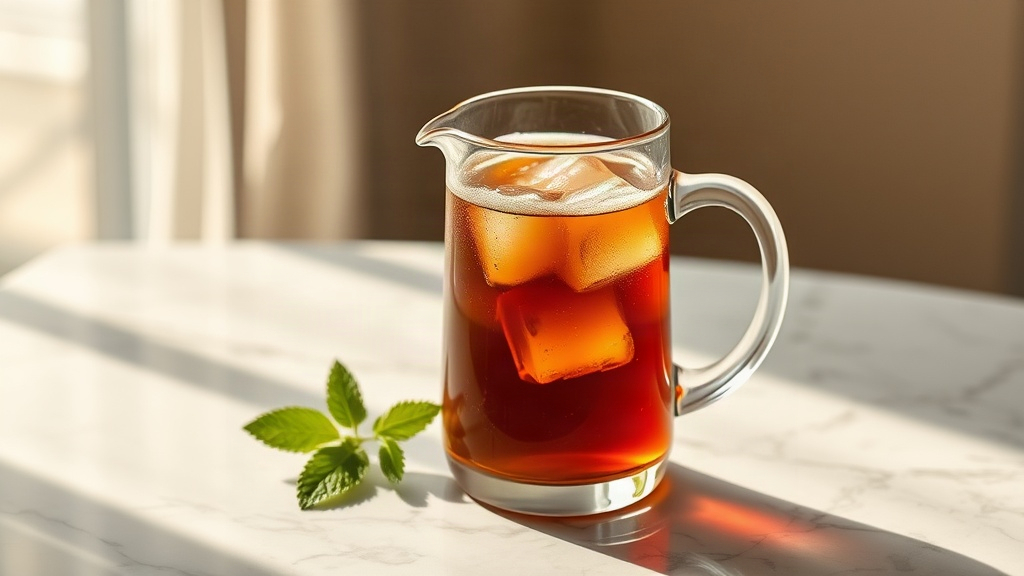 Pichet de hojicha en cold brew ambré avec glaçons sur un plan de travail en marbre