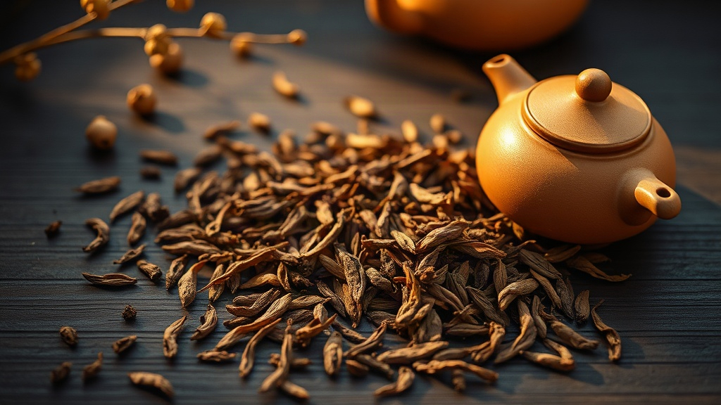Feuilles de hojicha torréfiées étalées sur une surface en bois sombre avec une petite théière japonaise