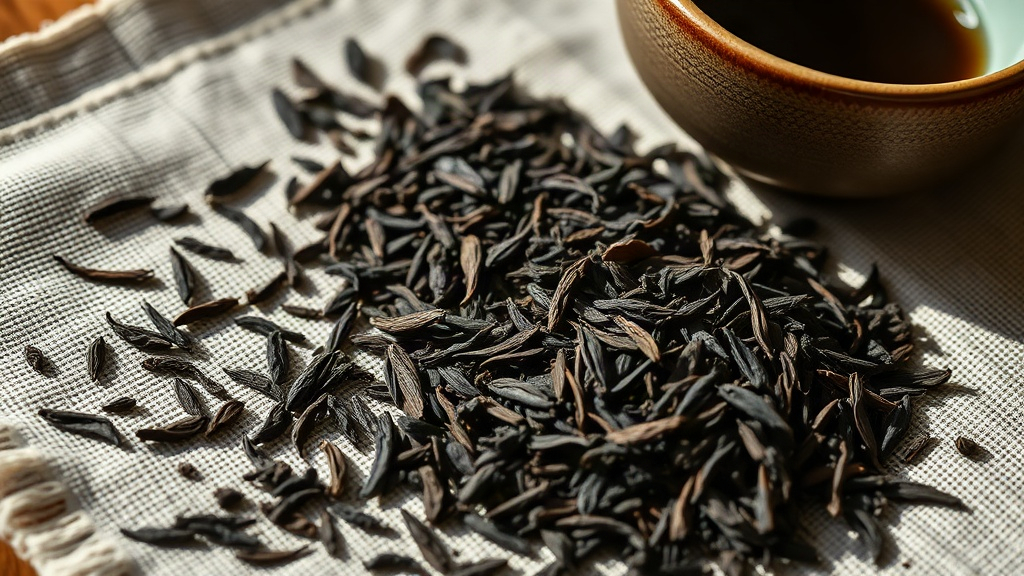 Feuilles de thé hojicha torréfié brun-roux étalées sur un tissu de lin naturel
