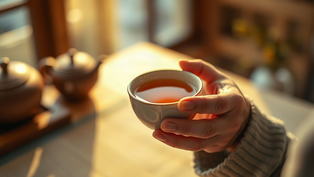 Mains tenant une tasse de thé hojicha ambré, posture apaisante et chaleureuse