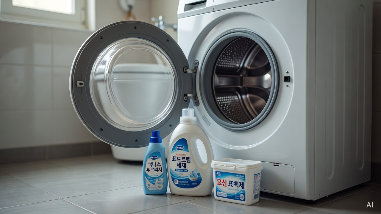 laundry machine drum open with cleaning products placed beside it on a bathroom floor