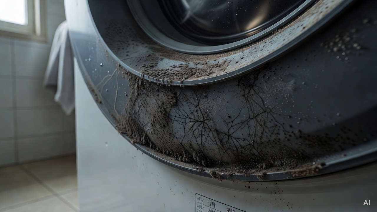 close-up of black mold on washing machine rubber seal gasket