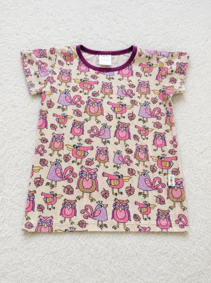 Colourful Owl Print Children's Dress with Purple Trim