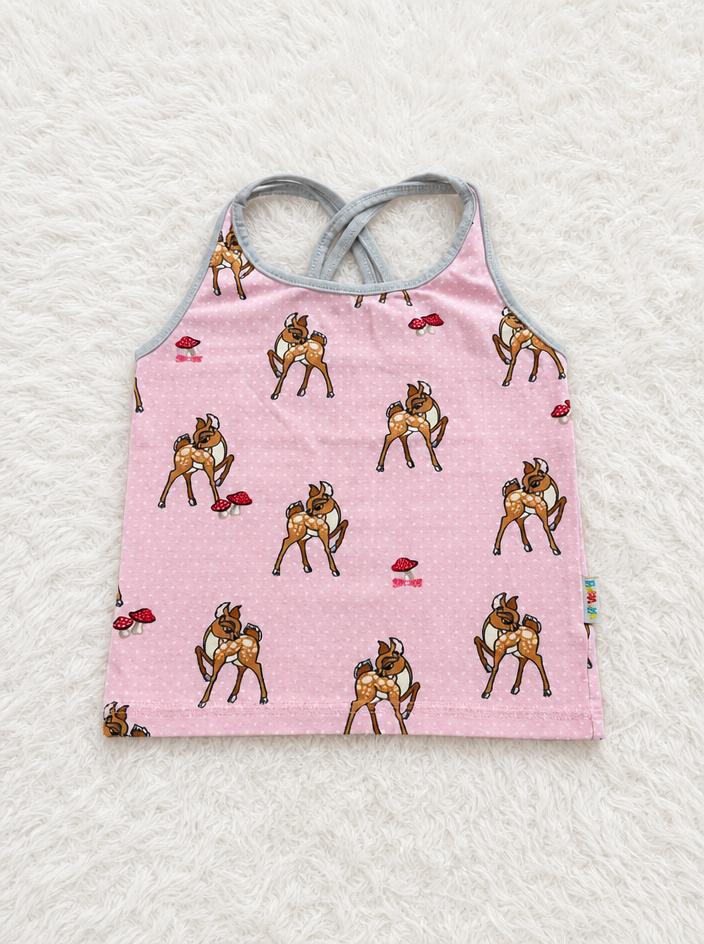 Pink Deer Print Kids Pinafore Dress with Grey Trim