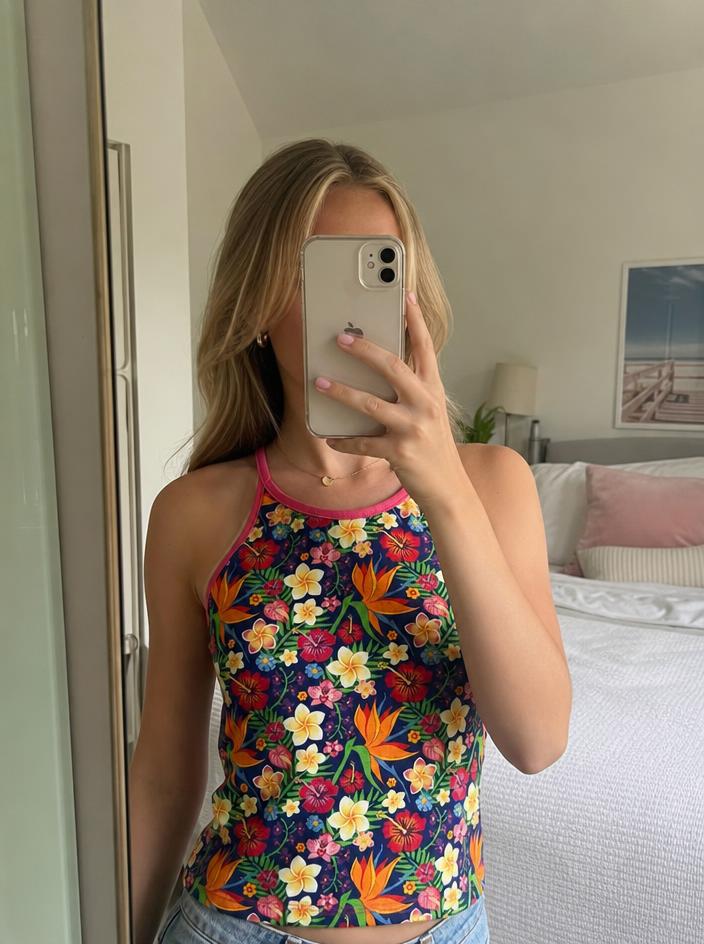 Floral one-piece swimsuit with pink straps – very good condition
