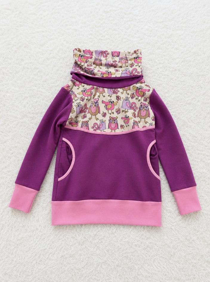 Kids purple bird-print hooded fleece jacket with pink trim