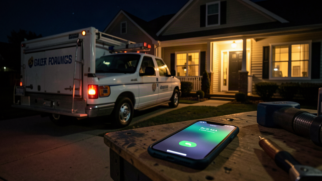 A plumber's work van parked outside a house at night with a smartphone in the foreground showing an incoming call, warm porch light on, conveying the reality of after-hours plumbing emergencies, no text