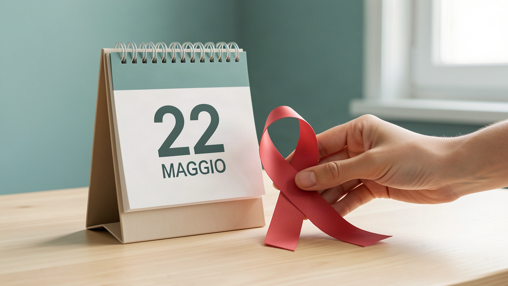 Calendario con la data 22 maggio e un nastro rosso di sensibilizzazione
