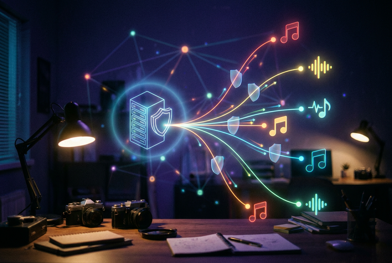 alt text for a tangled web of network connections linking proxy servers to music platforms