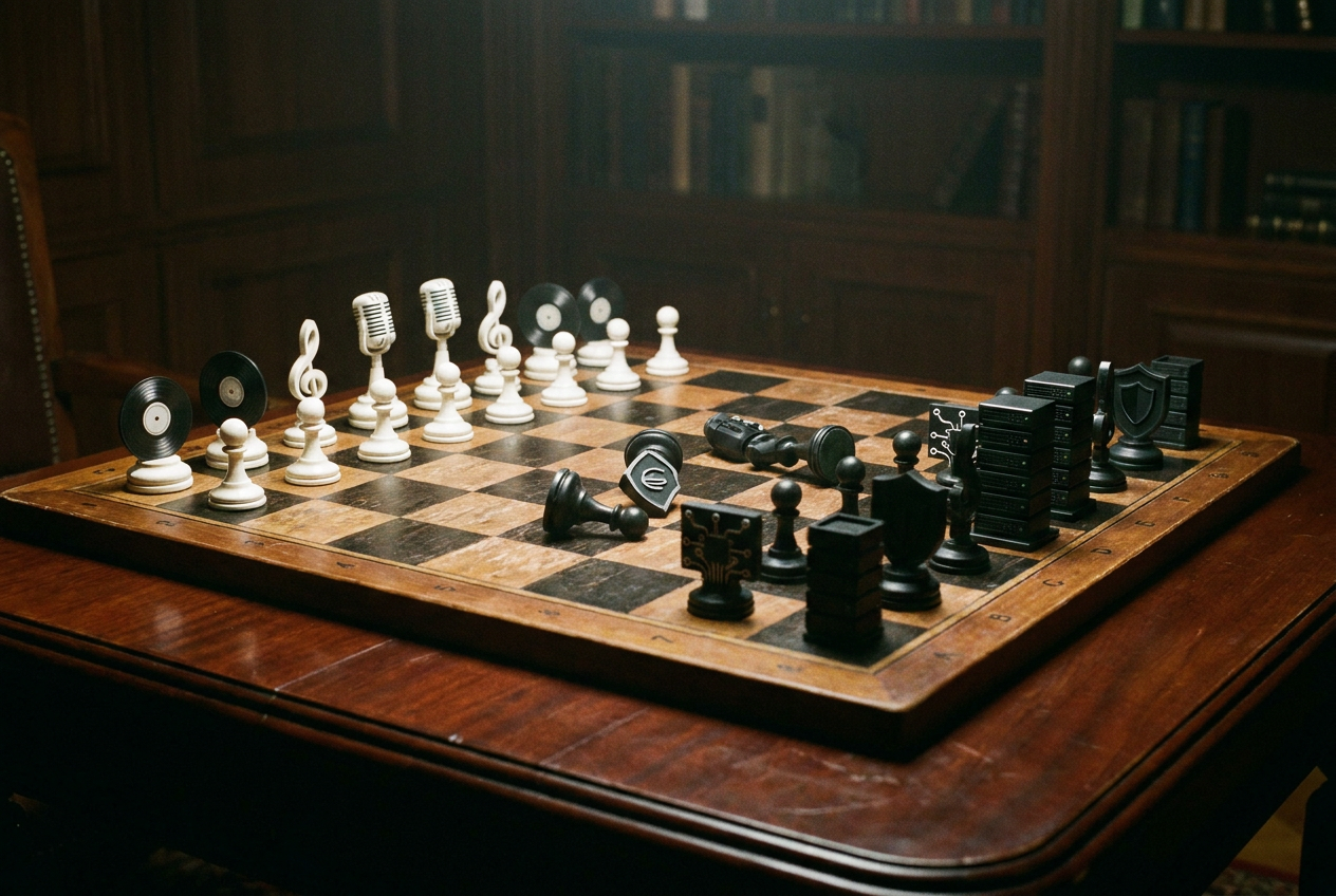 alt text for a legal chess game between AI companies and music publishers