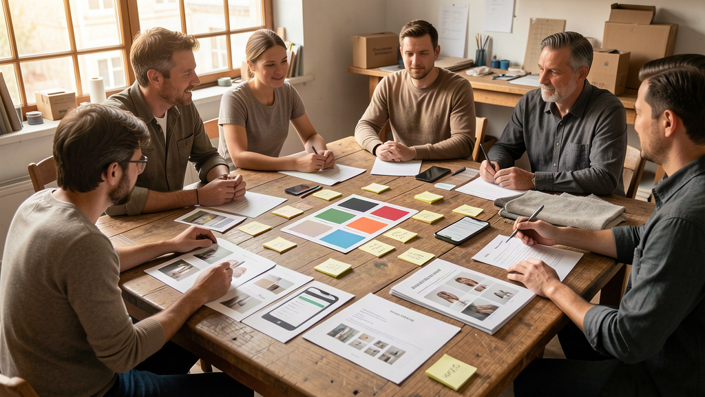 Table de travail avec maquettes de pages e-commerce et éléments d'identité visuelle